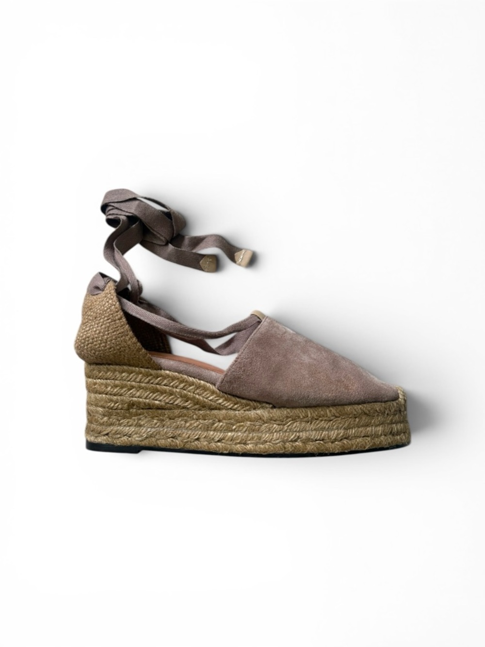 Castaner Taupe Suede Espadrille Wedge with Wrap Ankle Tie Size 37/US 7